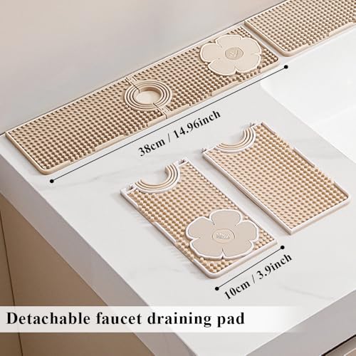 Faucet Mat for Kitchen Sink Splash Guard, 15 Inch Long Faucet Draining Mat, Detachable Kitchen Sink Faucet Mat with Adjustable Tube Holes, Soap Sponge Holder Faucet Handle Drip Catcher Tray Mat