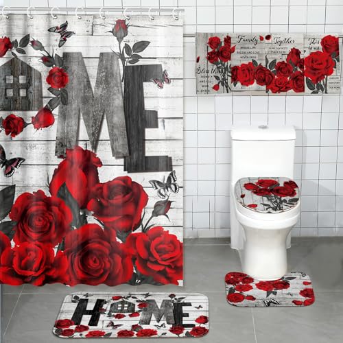Tatuo 8 Pcs Red Rose Shower Curtain Set Rose Home Romantic Farmhouse Bathroom Decor Accessories Sets Black Red Waterproof Shower Curtain with Towels Carpet Bath Mat Toilet Rugs and 12 Hooks - style: Red Rose