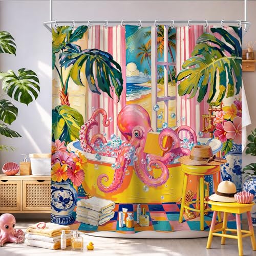 Newsely Funny Octopus Shower Curtain 72Wx72L Inch Funky Whimsical Boho Coastal Matisse Tropical Plant Pink Hawaii Modern Cool Kids Bathroom Set Unique Waterproof Bath Decoration Accessories Home Decor - color: Q-octopus2, size: 72"W x 72"L (Pack of 1)