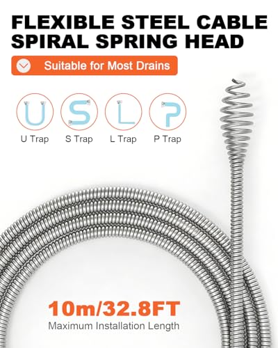 33FT Drain Snake Auger with Auto-Feed Manual/Powered, Drain Clog Remover Tool for Sink, Toilet, Shower & Tub, Professional Plumbing Snake, Gloves & Storage Drum, Easy Clear Hair Clogs