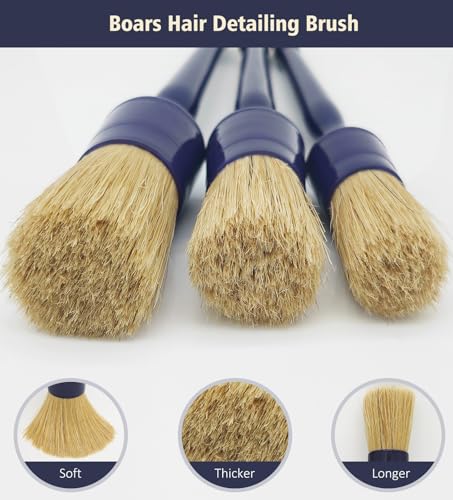 YeewayVeh Car Detailing Brush Set, 3 Pack Ultra Soft Boars Hair Detailing Brushes for Leather Seat Air Vents Engine Bay, Auto Detail Brushes Car Detailing for Interior Exterior, Indigo - color: Indigo