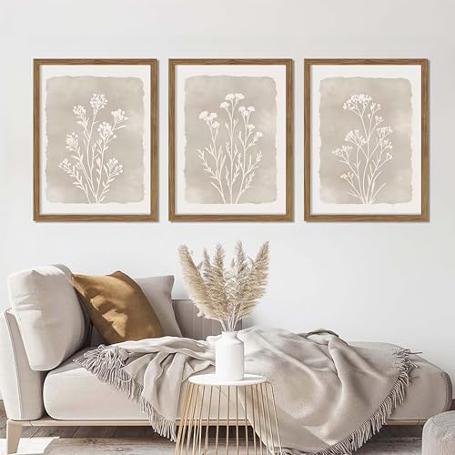 Framed Boho Botanical Flower Wall Art Set of 3, Vintage Minimalist Neutral Floral Wall Decor Paintings, Rustic Farmhouse Wildflower Artwork Prints Picture for Living Room Bedroom Bathroom 16x24 Inch - color: Gray Flowers, size: 24"L x 16"W