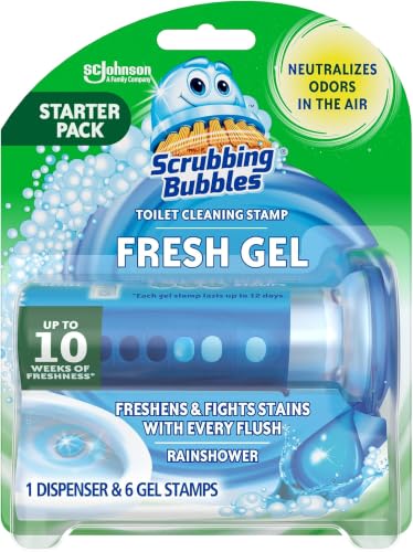 Scrubbing Bubbles Fresh Gel Toilet Bowl Cleaning Stamps, Helps Keep Toilet Clean and Helps Prevent Limescale & Rings, Rainshower Scent, 1 Dispenser with 6 Fresh Gel Stamps (Pack of 6) - size: 1.34 Ounce (Pack of 6)