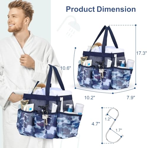 Mesh Shower Caddy Portable - 8 Pockets, S-Hook, Shower Bag for Dorm Camping | 2-Handle, Quick-Dry, Toiletry Organizer, College Dorm Room Essentials for Girls, Gym, Travel & Bathroom, Blue Camouflage - color: L, Dark Blue Camouflage, size: L (Classic Dorm