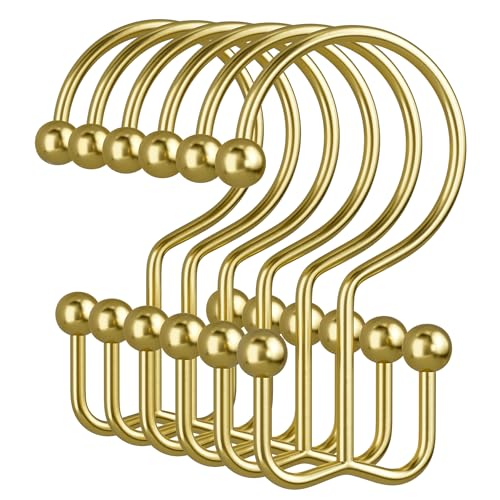 Amazer Gold Shower Curtain Hooks, 12PCS Minimalist Simple Double Shower Curtain Rings, Rust-Resistant Metal Shower Hooks Shower Curtain Hangers, Shower Rings for Bathroom Shower Rods Curtains - color: Gold, style: Minimalist - Double Hooks