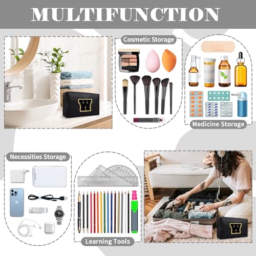 Personalized Initial A-Z Preppy Patch Makeup Bag,Small PU Chenille Letter Cosmetic Bag with Zipper for Teen Girls,Black Cute Toiletry Organizer Bag,Monogram Makeup Case Gift for Women Girls,Letter W - color: Black,Black-Letter, size: W