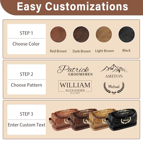 Personalized Toiletry Bag for Men, Custom Toiletries Bag Gifts for Men, Him, Birthday, Anniversary, Graduation, Groomsmen, Dad, Husband, Boyfriend, Leather Engraved Travel Cosmetic Shaving Hygiene Bag - color: Brown