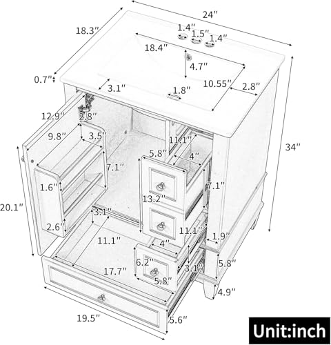 Linique 24" Bathroom Vanity with Sink Combo Set, Solid Wood Frame Bathroom Storage Cabinet with 3 Drawers, Soft Closing Door with Organizer, Light Green - color: Light Green, size: 24"/ Door with Organizer