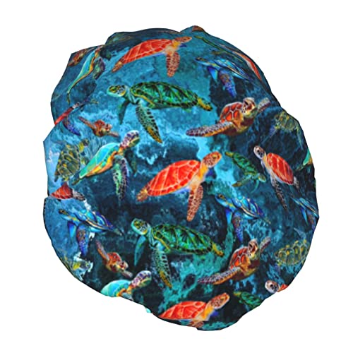 Sea Turtle Shower Cap For Women Adjustable Double Waterproof Layers Bathing Bath Cap Hair Protection Reusable Ladies Spa Salon Shower Hat - color: Sea Turtle