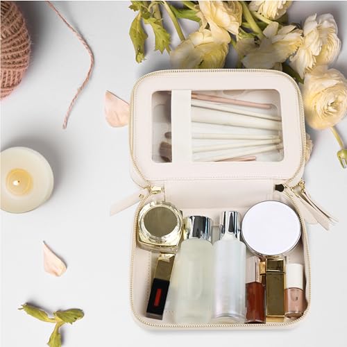 Prite Double Layer Makeup Bag for Women Portable Clear Makeup Bag Cute Waterproof Travel Cosmetic Bag with Gold Zipper for Car Essentials(Beige) - color: Beige, size: Standard - Double Layer
