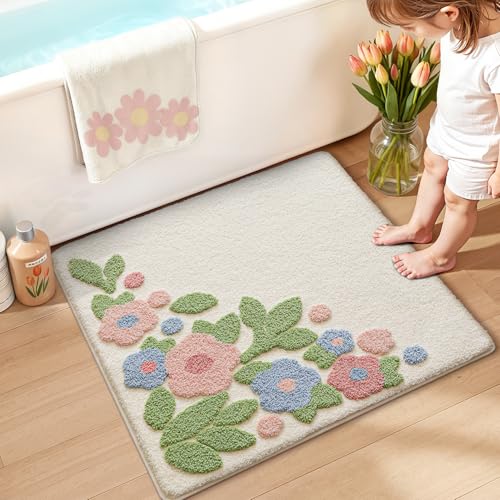 LUMI Bathroom Rugs Cute Flower, Soft Absorbent Squarer Bath Mat Non-Slip, Machine Washable Quick Dry Warm White Bloom Luxury Rug Flower for Kids Room, Bathtub, Home Decor, 26"x26" - color: Ivory Bloom, size: 26"x26"(Square)