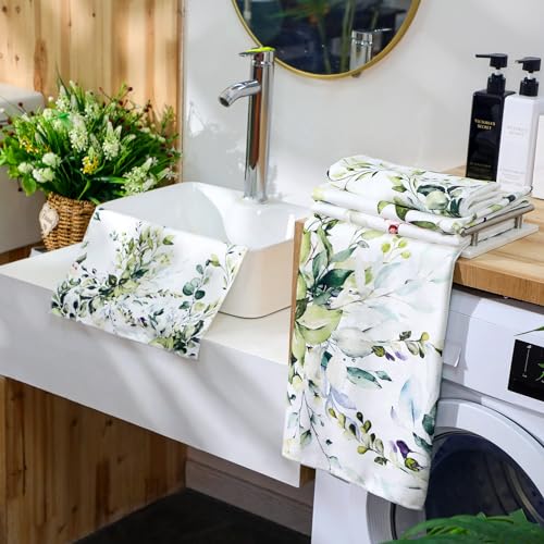Preboun 3 Pack Sage Green Eucalyptus Bathroom Towels Set Spring Leaves Hand Towels Spring Floral Bath Decor Green Plant Dish Absorbent Fingertip Wash Cloth for Kitchen Bathroom Gym Spa Home - color: Green, style: Eucalyptus