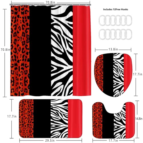 4PCS Leopard Print Shower Curtain Set with Rug, Toilet Lid Cover and Bath Mat,Red Black Splice Shower Curtain with 12 Hooks, Complete Bathroom Accessories Decor Set - color: A-red