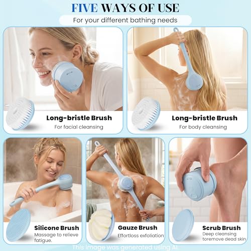 Electric Body Brush Back Scrubber for Shower，5 Replaceable Heads and Hook,Waterproof Long Dual Handle Power Body Scrubber 2 Speeds, for Cleansing Body, Exfoliating and Massaging Skin. - color: Sky Blue