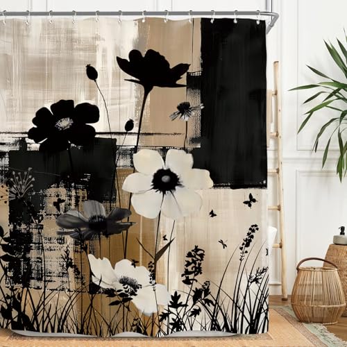 Miyotaa Abstract Modern Plant Flower Shower Curtain Set 60Wx71H Inches Black Tan Contemporary Minimalist Brushstroke Botanical Art Waterproof Bathroom Curtain with 12 Hooks - color: Brushstroke Plant, size: 60"W x 71"L (Pack of 1)