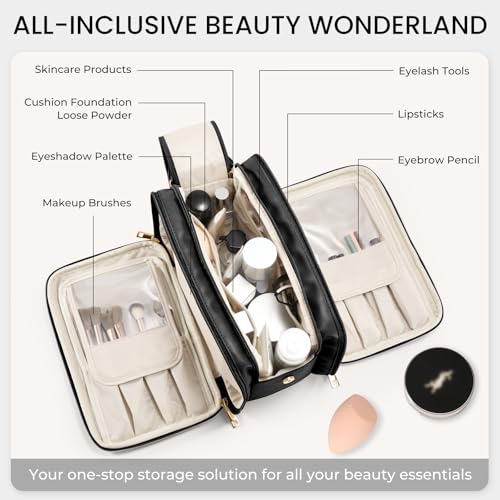 HauteHues Travel Makeup Bag Women's Large Capacity Cosmetic Portable Organizer Large Opening Waterproof Storage Toiletry Bags Vertical Free-Standing Brush Holder for Easy Access Black - color: Black