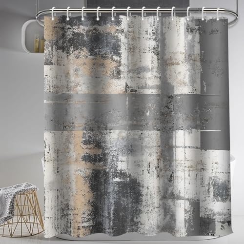 Lnond 4Pcs Bathroom Shower Curtain Sets with Rugs,Black and Grey Painting Art Bathroom Sets with Shower Curtain and Rugs and Accessories - color: Black Grey Brown Abstract