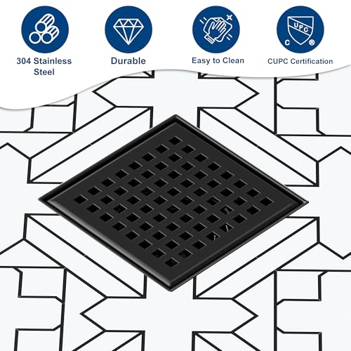 Neodrain Matte Black Square Shower Drain with Removable Quadrato Pattern Grate, 304 Stainless Steel Square Drain, CUPC Certified, with Hair Strainer and Lifting Hook (Matte Black, 4 in) - color: Matte Black, size: 4 IN