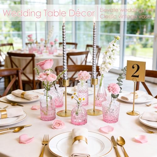 TBWIND Pink Glass Bud Vases Set of 12, Vintage Mini Vases for Centerpieces, Glass Bud Vase in Bulk for Wedding Decor, Single Flowers, Office and Home Table Flower Décor - color: Pink-12pcs, size: 12Pcs