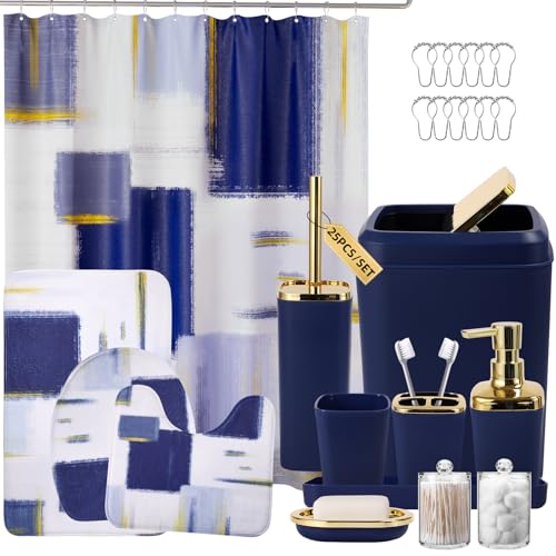 XLHOMO Bathroom Set - Navy Blue and Gold Bathroom Accessories Set, Bathroom Sets with Shower Curtain and Rugs, Blue Shower Curtain Set with Bathroom Trash Can, Soap Dispenser,Soap Dish for Home Decor - color: Plaid Blue & Gold, size: Complete Set + Bath R