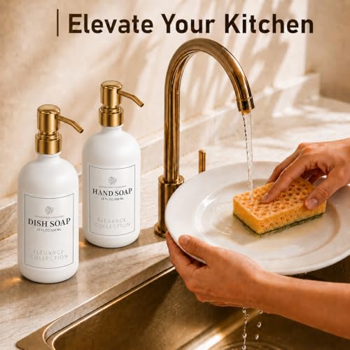 Fachixy White Glass Soap Dispenser (2 Pack), 16 Fl Oz Hand & Dish Soap Dispenser Bottles Set with Leak-Resistant Stainless Steel Pump, Non-Slip Pad, 14 Waterproof Labels for Kitchen and Bathroom - color: White