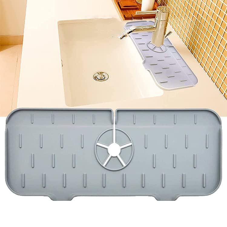 2Pcs Silicone Kitchen Sink Splash Guard Faucet Handle Drip Catcher Tray Mat For Kitchen Counter Bathroom Kitchen (Grey) - color: Grey