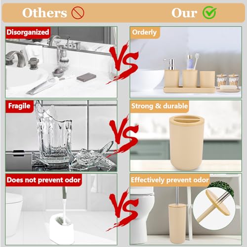 SLDIYWOW Bathroom Accessories, Beige Bathroom Accessories Sets Complete with Trash Can,Tray,Soap Dispenser,Toothbrush Holder,Toothbrush Cup,Soap Dish,Toilet Brush and Q-tip Holders for Bathroom - color: Beige