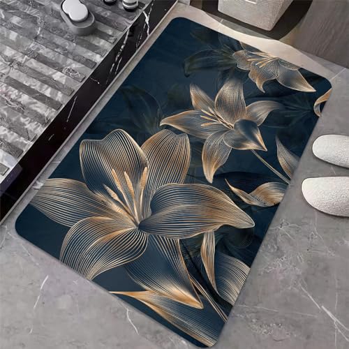 Diatomaceous Earth Bath Mat,Abstract Dark Flowers in Golden line Non-Slip Volume Super Absorbent Fast Drying for Bathroom Kitchen mat,Eco-Friendly Easy to Clean 20×31Inch (50 * 80cm) - color: Abstract Dark Art Flowers in Golden Line, size: 1'8" x 2'8" (Re