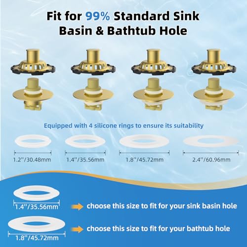 Universal Bathtub Drain Stopper, Brass Metal Shower Hair Catcher, Brushed Gold | 3 in 1 Bathroom Sink Strainer with Visible Top Filter, Tub Stopper for Standard 1.1''~2.36'' Sink Hole - color: Brushed Gold