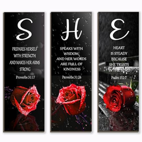 3 Pieces Red Bedroom Decor Red Rose Women Bedroom Wooden Red Bathroom Inspirational Office Decor With SHE Religious Words Signs For Women Kitchen Home(Red Rose 12x4Inch) - color: Red