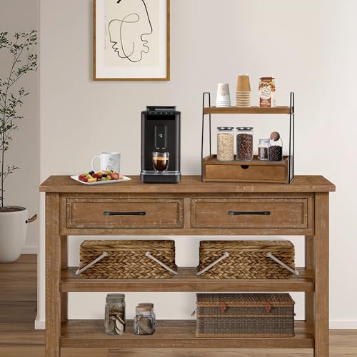 2-Tier Bathroom Organizer Countertop with Drawer, Wood Counter Organizer for Bathroom Decor, Sink Shelf for Vanity Storage, Makeup Tray for Perfume Skincare, Spice Rack Bedroom Kitchen Corner - color: Brown