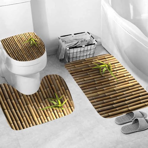 4Pcs Bamboo Shower Curtain Set with Non-Slip Rugs and Toilet Lid Cover Nature Plant 3D Printed Fabric Shower Curtain Bathroom Decor with Hooks Waterproof Washable 72"x72" Brown Green - color: Green Bamboo