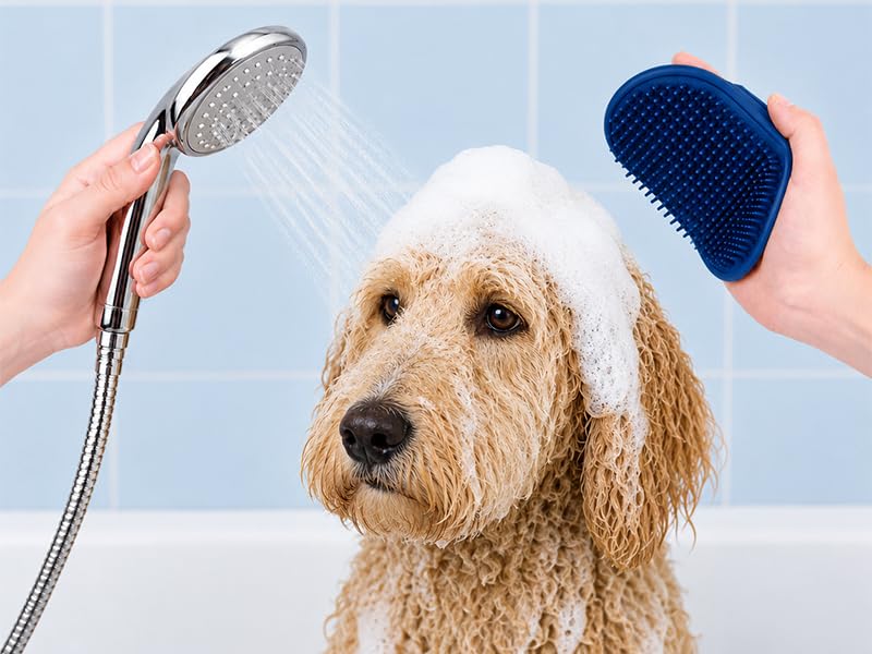 Bodhi Dog Stainless Steel Comb & Shampoo Brush - Removes Shedding, Mats & Tangles - Premium Brush for Shower, Showerhead, Sprayer & Bathing (Blue) - color: Blue, size: 1 Pack + Stainless Steel Comb