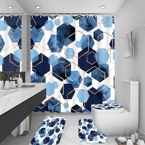 4Pcs Navy Blue Geometric Shower Curtain Set, Neutral Modern Art Deco Shower Curtain with Hooks, Elegant Trendy Simple Bathroom Sets with Shower Curtain and Rugs, 71 * 71in - color: Navy Blue