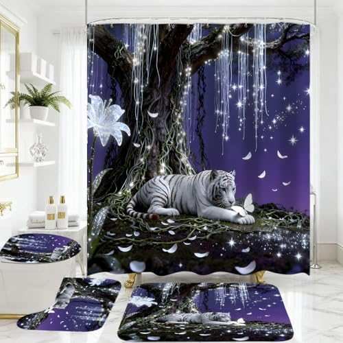 4 Piece Purple and White Shower Curtain Set with Rugs, Dreamy White Tiger & Butterfly Under Glowing Tree, Fantasy Aesthetic Waterproof Fabric Bathroom Decor, Non-Slip Mats & Toilet Lid Cover - color: Purple