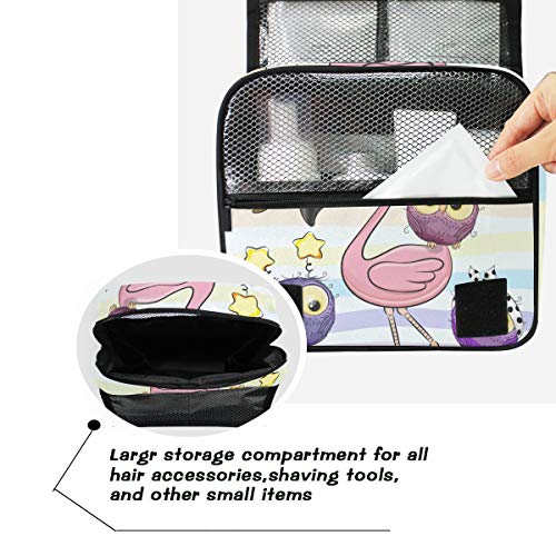 senya Hanging Travel Toiletry Bag Kit Makeup Case Cosmetics Organizer for Men Women - color: Cartoon Pink Flamingo And Five Owls