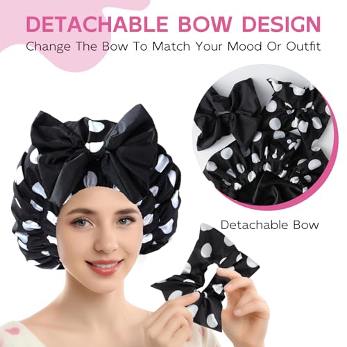 Years Calm Extra Large Shower Cap for Long Thick Hair – Waterproof Double Layer Bath Cap with Satin Lining, Secure Elastic Fit for Braids, Curls & Extensions - color: Black Polka Dots