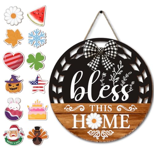 Interchangeable Seasonal Bless This Home Hanging Sign - Farmhouse Front Door Decoration for Spring All Seasons Holidays - Rustic Round Wood Wreaths with 12 Icons(Orange) - color: blessorange2