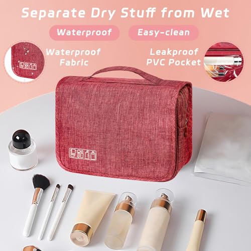 Toiletry Bag Travel Bag with Hanging Hook, Waterproof Capacity Hanging Multifunctional Makeup Bag for Toiletries, Portable Cosmetic Bag Travel Organizer for Women and Men (Red) - color: Red