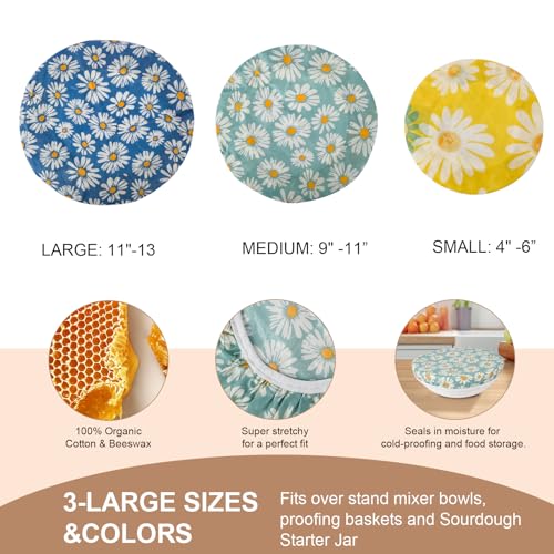 Reusable Bowl Covers for Bread Proofing - Beeswax Bowl Covers Reusable 3 Set, Cotton Blend Stretch Design, Fits 4-13 Inch Bowls, Shower Caps for Sourdough Bread, Dough Proofing & Food Storage(Daisy)