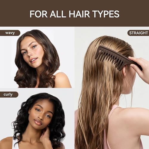 Wide Tooth Comb for Curly Hair with Coffee Ground,Anti-Static Shower Combs for Detangling and Curls Styling, Moisture Resistant Brush for Women, Reduces Breakage & Balances Scalp Oils for Wet/Dry Hair