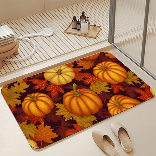 Fall Pumpkin Bath Mat,Fast Drying Thanksgiving Maple Bathmats for Bathroom, Non Slip Soft Diatomaceous Bath Rug Bathroom Accessories Thin Doormat for Home Kitchen 17 X 29.5 Inch - color: Fall Pumpkin