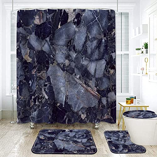 Blue Marble Shower Curtain with Bath Rugs Sets, 4 Pcs Marble Patterns Bathroom Décor with Toilet Seat Cover, Non-Slip Mats, Absorbent Pedestal Pads and Waterproof Shower Curtains + Hooks (Blue) - color: Blue