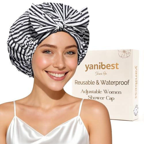 Yanibest Shower Cap for Women Reusable Waterproof, Adjustable Non-Slip Shower Hair Cap, Washable Bath Hat - color: Stripe