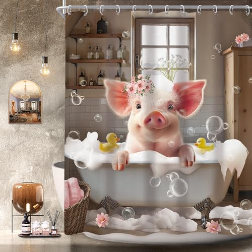 Newsely Funny Pig Shower Curtain 60"W x 72"L Inch Farmhouse Rustic Farm Animal in Bathtub Cute Western Country Shower Curtain Bathroom Set Pink Floral Waterproof Bath Decoration Accessories Home Decor - color: E-01pig, size: 60"W x 72"L (Pack of 1)