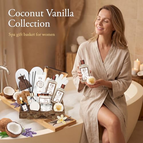 Coconut Vanilla Spa Gift Set, Complete Spa Bath Gift Basket for Women & Men