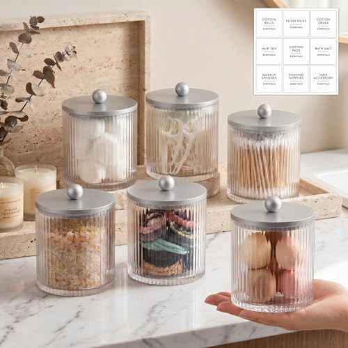 Yaomiao 6 Pcs Ribbed Bathroom Canisters Apothecary Jars with Silver Bamboo Lids and Label Stickers, 18 oz Plastic Canister with Fluted Design for Cotton Ball, Swab, Floss Picks House Storage - color: Silver