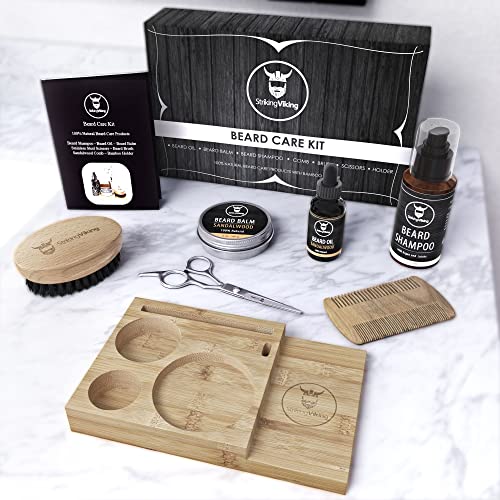 Striking Viking Beard Grooming Kit w Caddy - 7-Piece Set, Sandalwood - Softening Sandalwood Beard Oil & Balm - Brush with Mustache Comb & Scissors - Compact Caddy Organizer & Gifts for Men