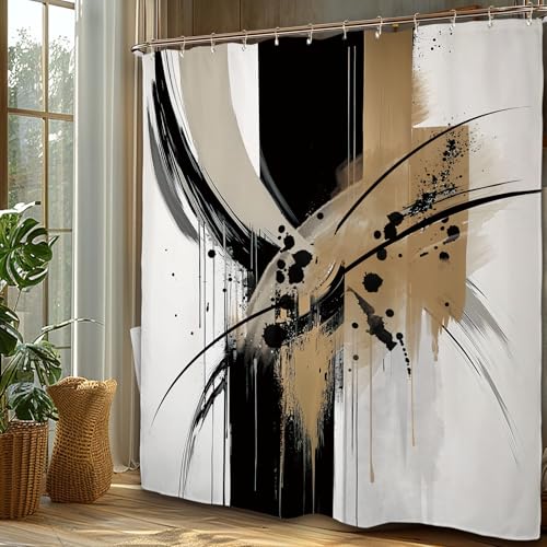 Miyotaa Abstract Modern Minimalist Shower Curtain Set 60Wx71H Inches Neutral Contemporary Brushstroke Aesthetic Art Black Tan Waterproof Bathroom Curtain with 12 Hooks - color: Black Tan Neutral, size: 60"W x 71"L (Pack of 1)