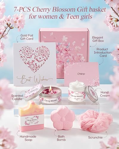 Cherry Blossom Spa Gifts for Women - Luxurious Birthday Spa Bakset with Greeting Card for Women, Self Care Package for Her Birthday, Mothers Day, Thinking of You